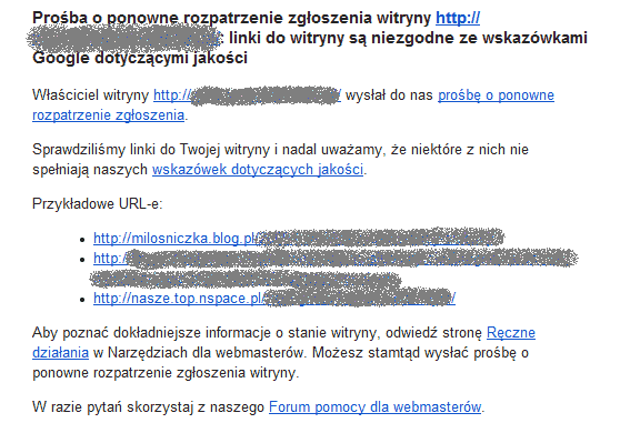 Przykładowe linki odpowiadające za ręczny filtr od Google